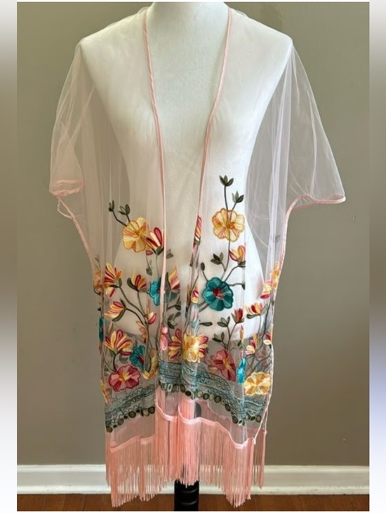Haute Hippie Tops - Haute Hippie pink sheer floral embroidered kimono with fringe trim